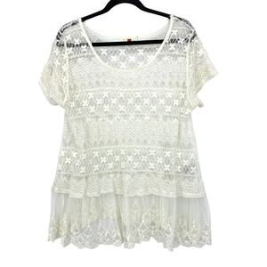 One Clothing Short Sleeve Sheer Mixed Lace Top Womens Size 1X White